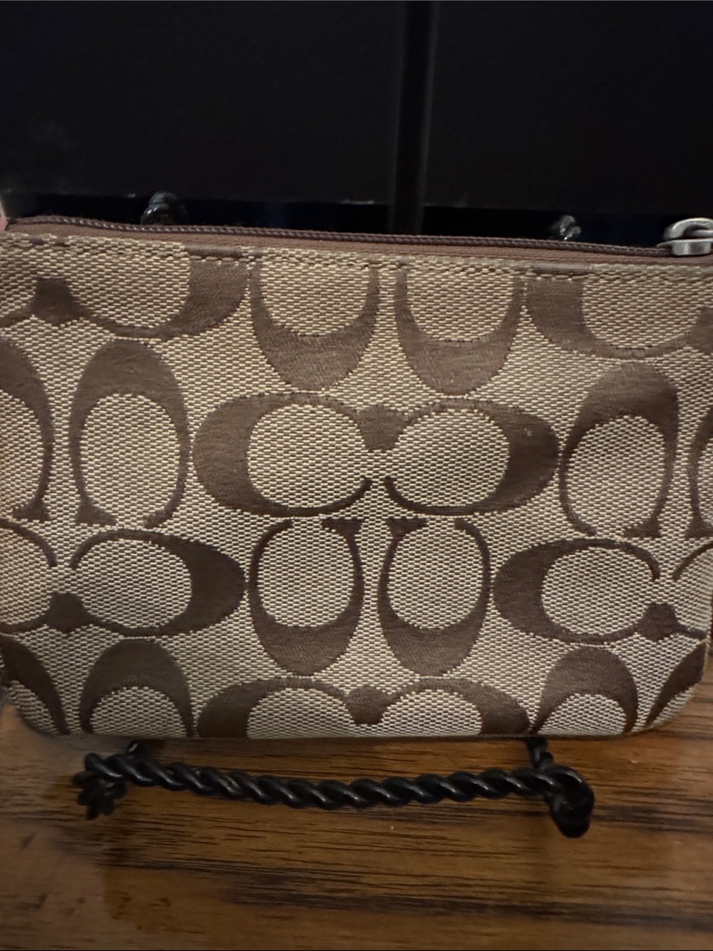 Coach Brown Signature Canvas Wristlet with Pink Logo Patch - Picture 4 of 6